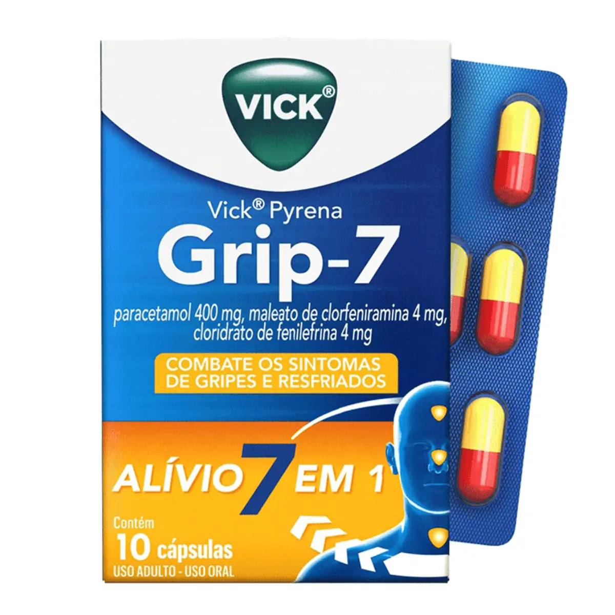 Antigripal, Analgésico, Antitérmico e Antialérgico Vick Pyrena Grip 7 400mg + 4mg + 4mg 10 Cápsulas