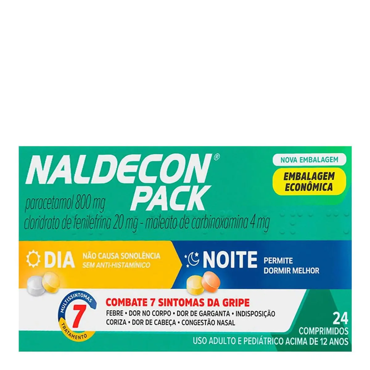 Antigripal, Analgésico, Antitérmico e Descongestionante Naldecon Noite 800mg + 20mg 24 Comprimidos