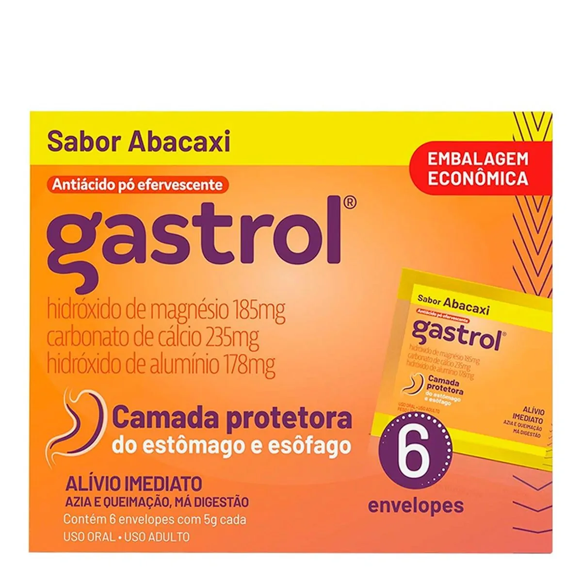 Antiácido Gastrol 37mg/g + 47mg/g + 35,6mg/g 5g 6 Envelopes Abacaxi
