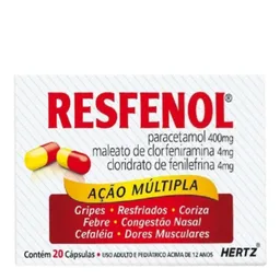 Antigripal, Analgésico, Antitérmico e Descongestionante  Resfenol 400mg + 4mg + 4mg 20 Cápsulas