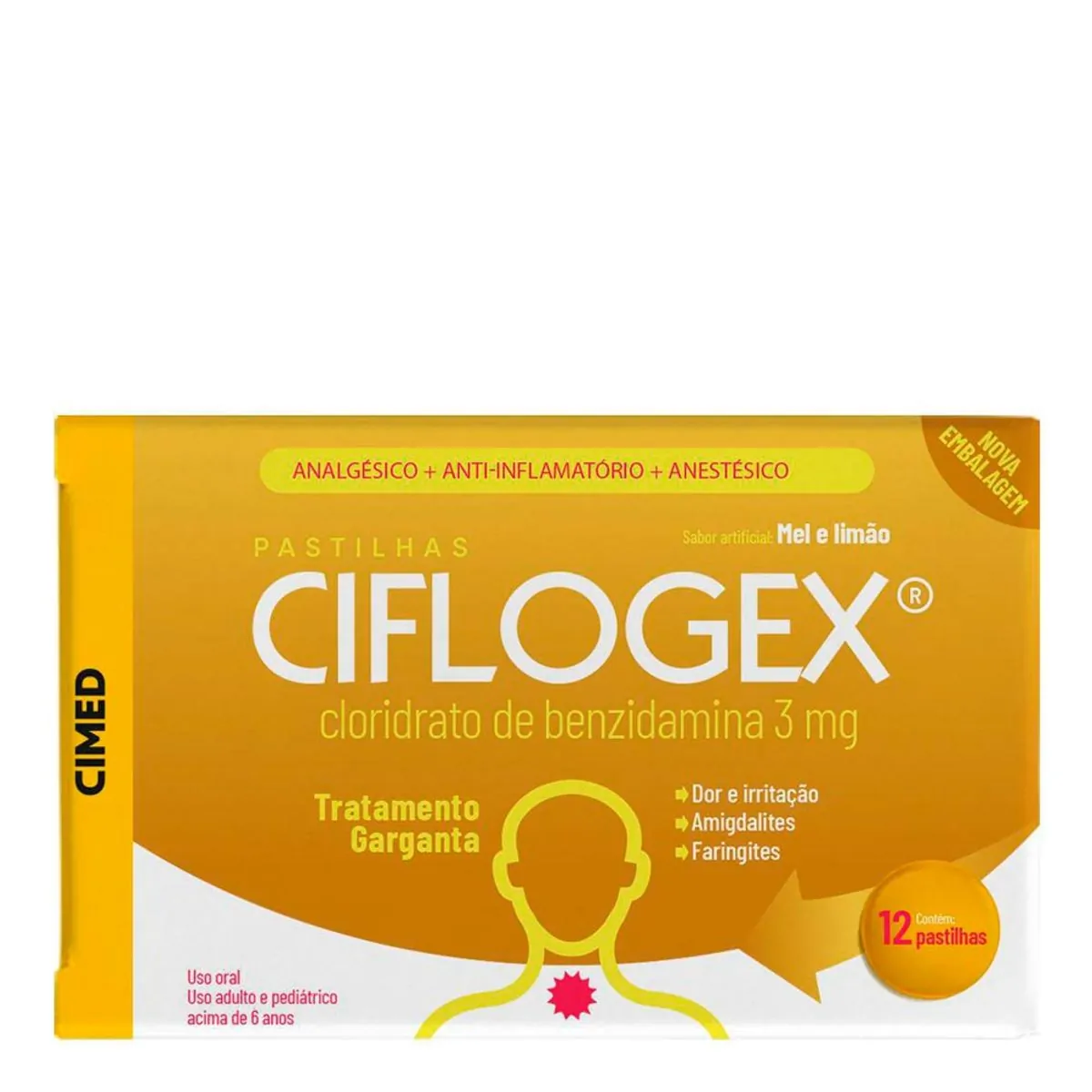 Analgésico, Anestésico e Anti-Inflamatório Ciflogex 3mg 12 Pastilhas Mel e Limão
