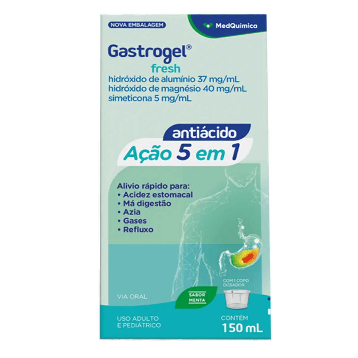 Antiácido e Antigases Gastrogel Fresh 37mg/ml + 40mg/ml + 5mg/ml 150ml
