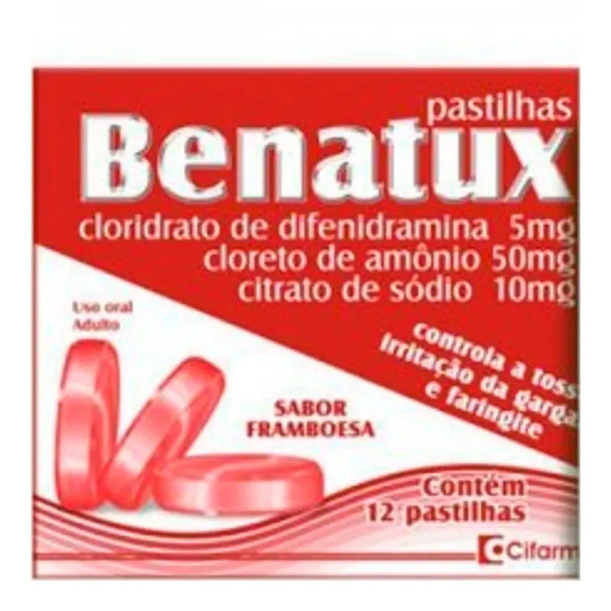 Antialérgico, Expectorante e Descongestionante Benatux 5mg + 50mg + 10mg 12 Pastilhas Framboesa