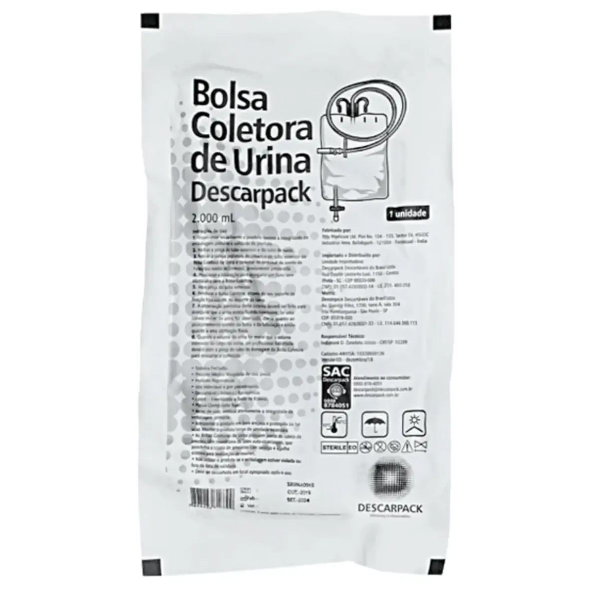 Bolsa Coletora de Urina Sistema Fechado 2000ml - Descarpack