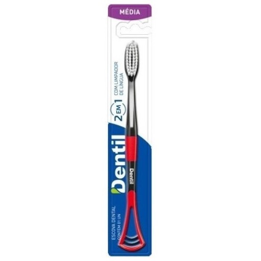 Escova Dental Dentil 2 Em 1 Com Limpador De Língua Média