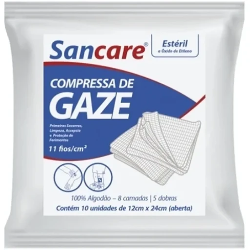 Compressa de Gaze Estéril Sancare 11 fios 12cm x 24xm 10 Unidades
