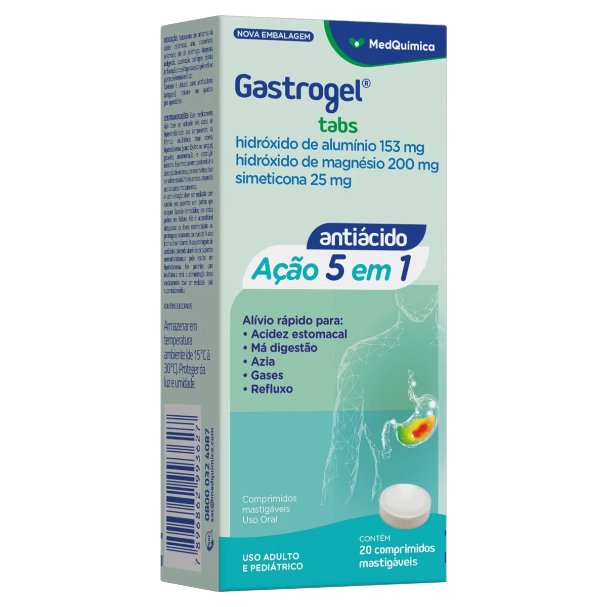 Gastrogel 153mg + 200mg + 25mg 20 Comprimidos Mastigáveis