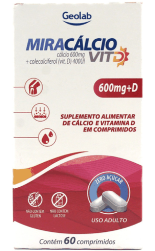 Miracálcio Suplemento Mineral Cálcio 600 mg com Vitamina D3 400 UI 60 Comprimidos Geolab
