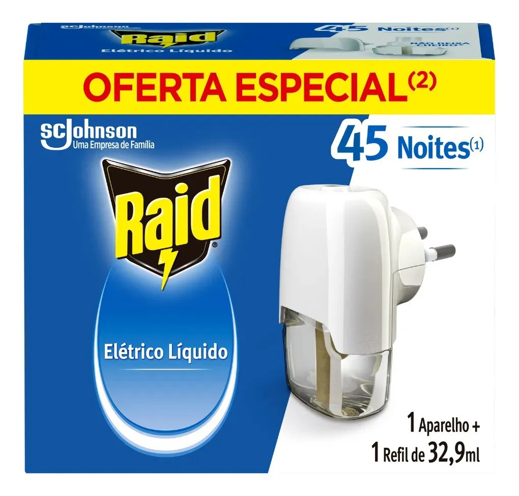 Repelente Elétrico Líquido Raid 45 Noites - 1 Aparelho e 1 Refil de 32,9ml