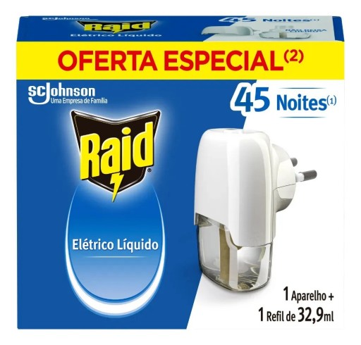 Repelente Elétrico Líquido Raid 45 Noites - 1 Aparelho e 1 Refil de 32,9ml