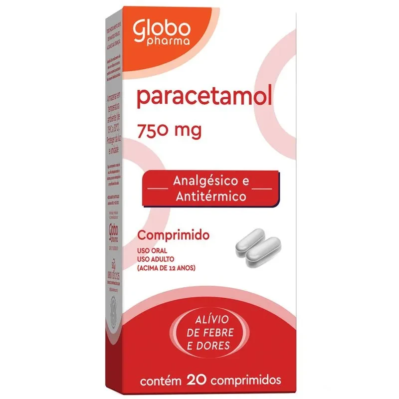 Paracetamol 750 mg 20 Comprimidos Laboratório Globo