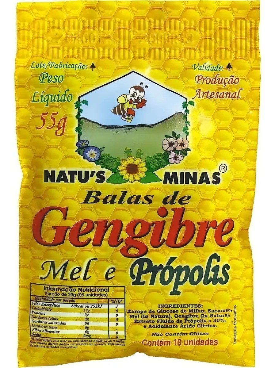 Bala de gengibre mel e própolis Natus Minas 55g artesanal
