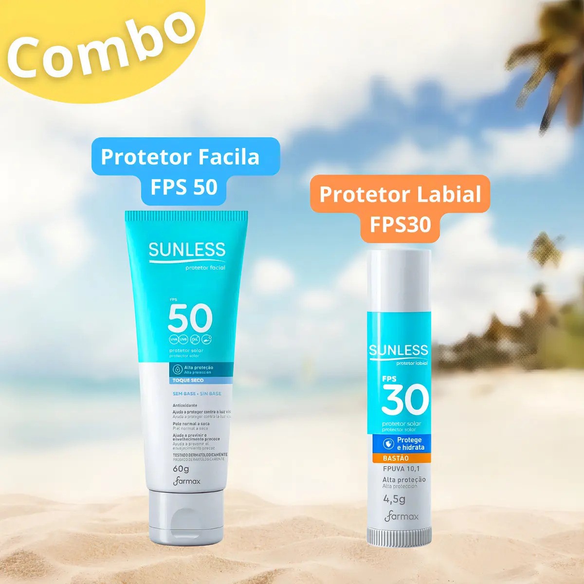 Protetor Solar Facial FPS50 + Protetor Labial Bastão Sunless
