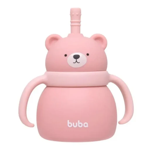 Copo de Treinamento de Silicone Buba Ursinho Rosa 200ml com Canudo