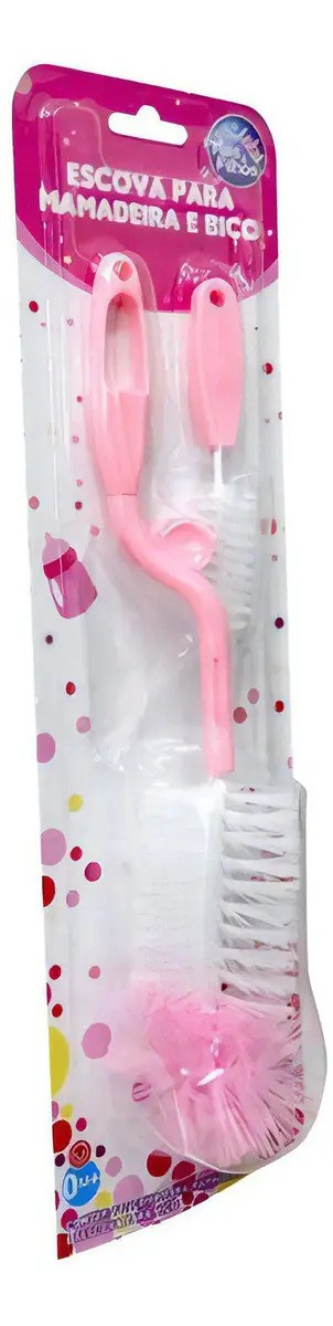 Escovas Limpar Mamadeira Infantil Bambino Bebe Rosa Cerdas Náilon