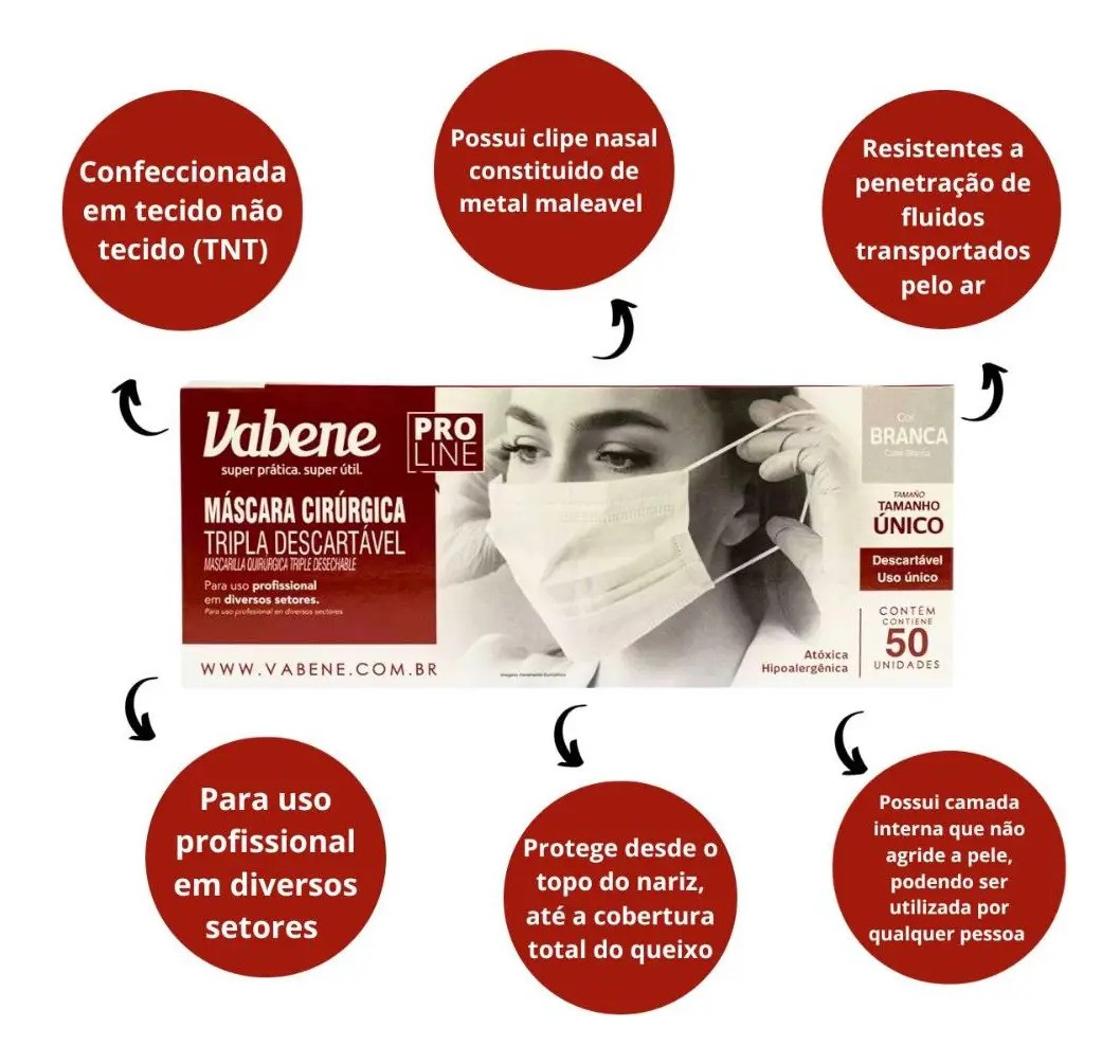 Máscara Descartável Tripla - Vabene Branco - 50 Unidades