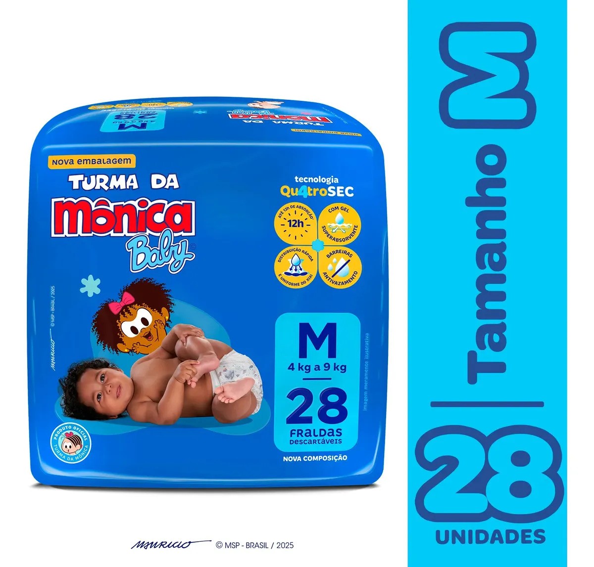 Fralda Descartável Baby Tamanho M Pacote com 28 Unidades de 4 a 9kg Turma da Mônica