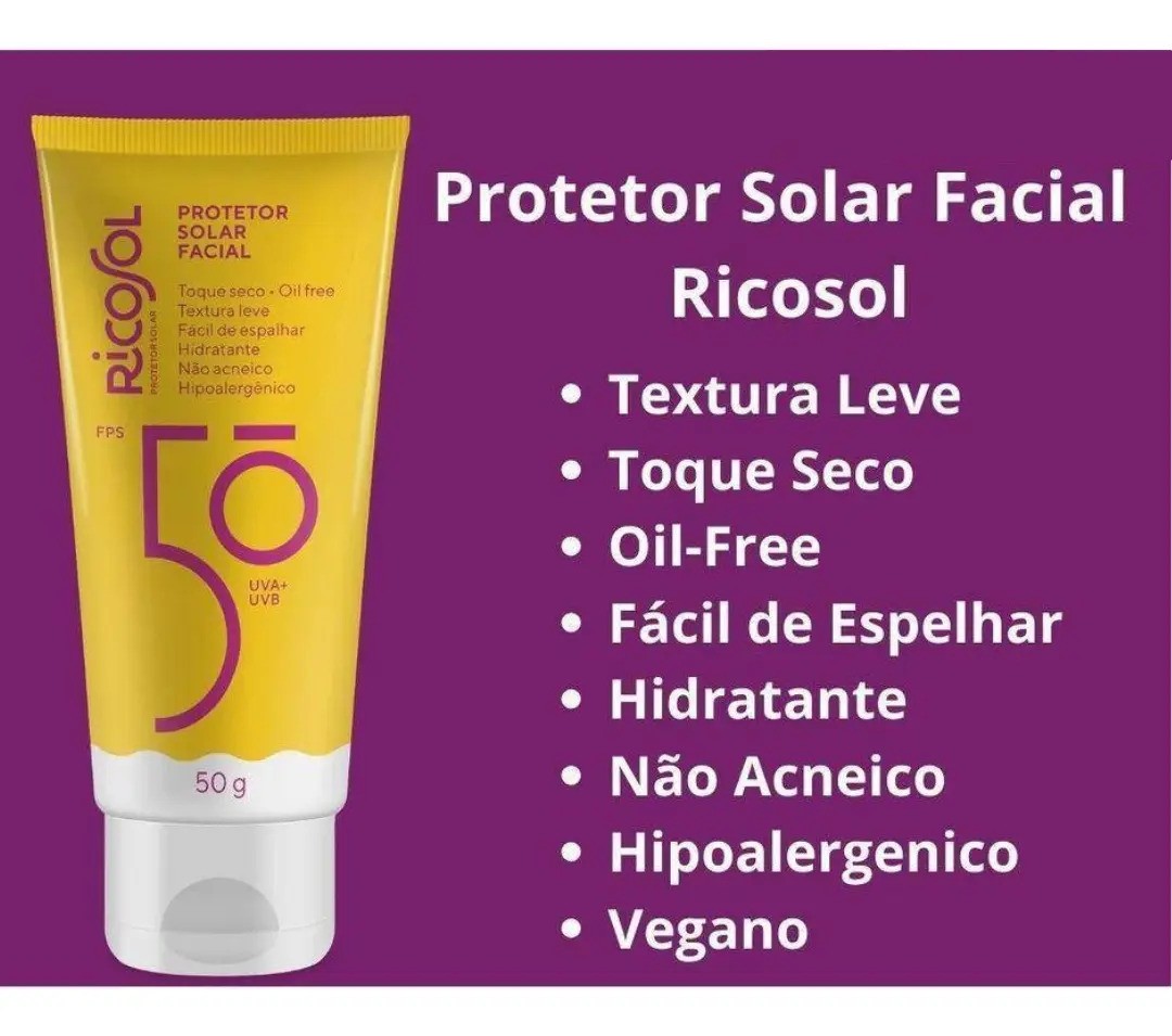 Protetor Solar Facial Ricosol Toque Seco Oil-free FPS50 50g