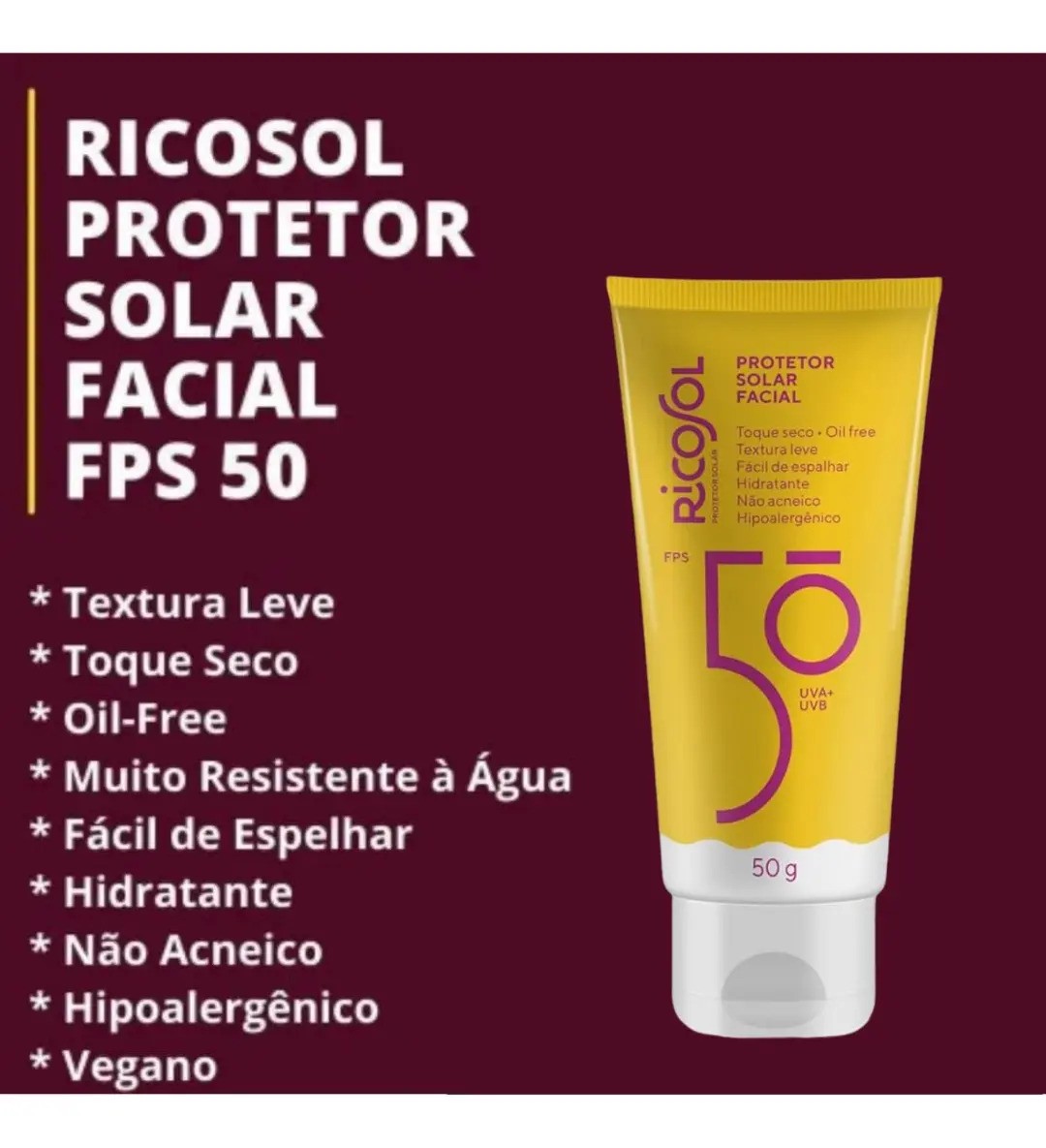 Protetor Solar Facial Ricosol Toque Seco Oil-free FPS50 50g