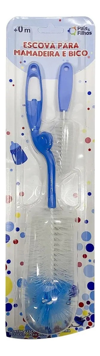 Escova para Mamadeira com Limpador de Bico Bambino Bebe Livre de BPA Azul