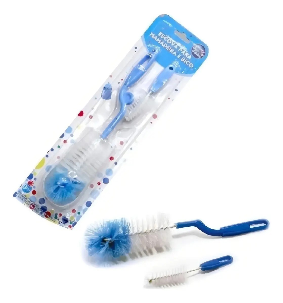 Escova para Mamadeira com Limpador de Bico Bambino Bebe Livre de BPA Azul