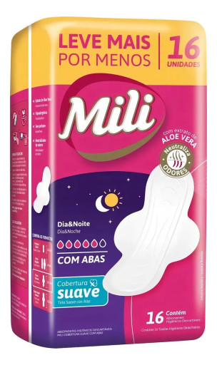 Absorvente Mili Dia e Noite Suave com abas - 16 unidades