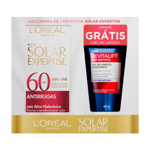 Kit L'Oréal protetor solar facial Expertise antirrugas FPS 60 40g + gel de limpeza Revitalift suavizante 40g