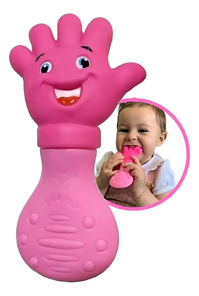 Mordedor Bebe Mãozinha Rosa Macio Dentição Stress Gengiva
