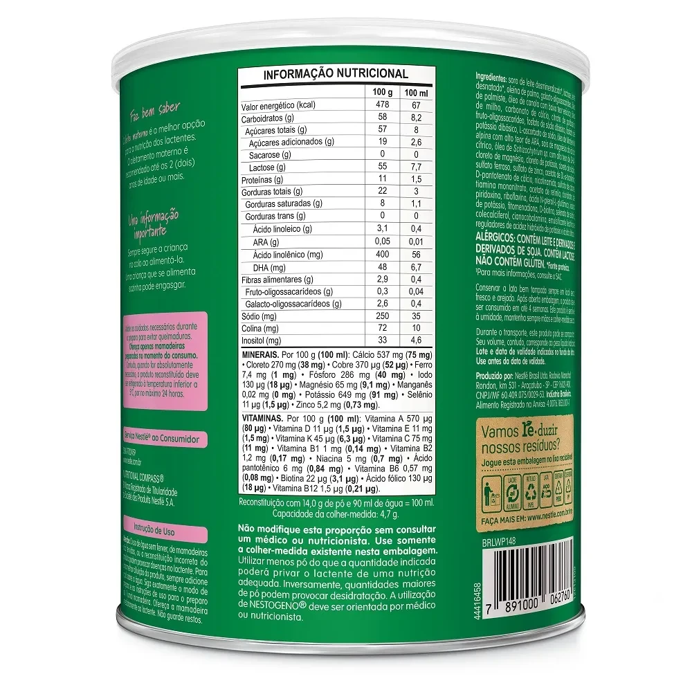 Fórmula Infantil Nestogeno 2 800g ficha nutricional